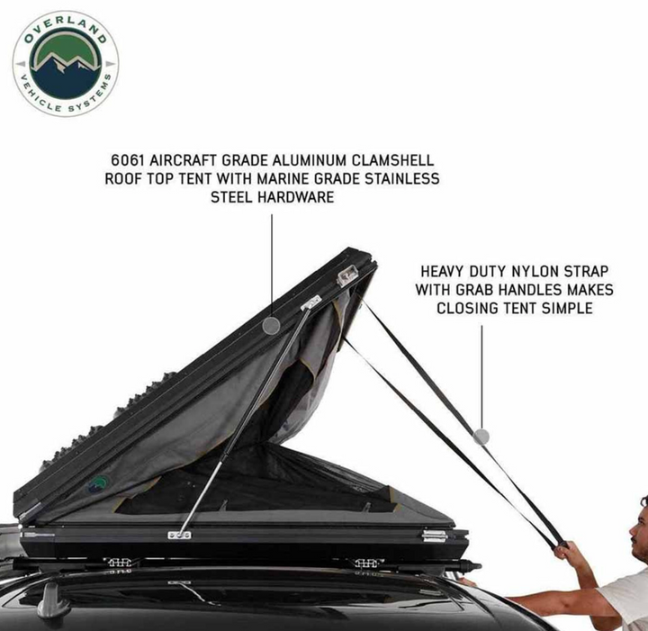 Overland Vehicle Systems HD Sidewinder Side Load Aluminum Hard Shell Roof Top Tent, Grey Body & Green Trim