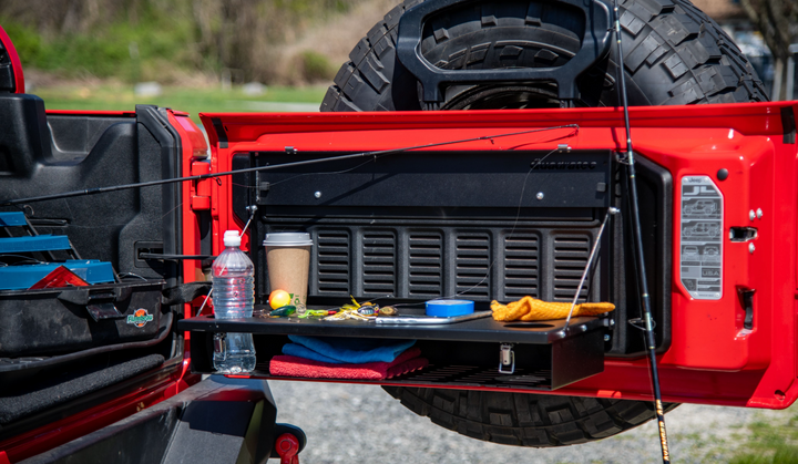 Quadratec fold-able rear Tailgate Table and Cargo Shelf for Jeep Wrangler JL 2018-2025