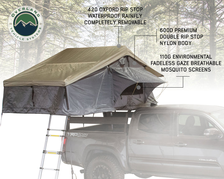 Overland Vehicle Systems HD Nomadic 3 Extended Soft Shell Roof Top Tent, Grey Body & Green Rainfly